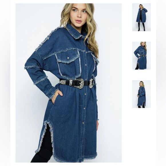 Vocal Denim Party Distressed Long Shacket - Picture 1 of 8